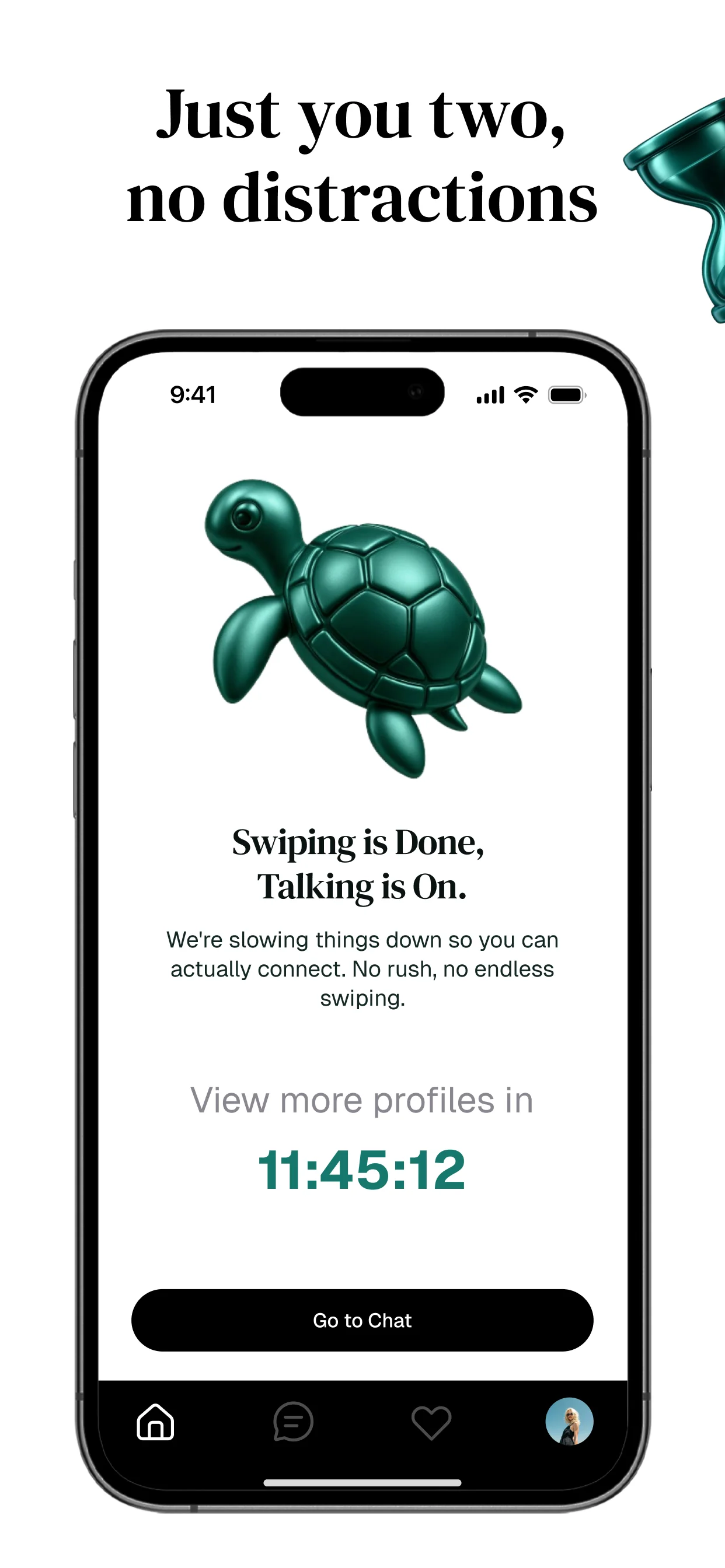Focused chat interface in Turtle dating app designed for distraction-free conversations