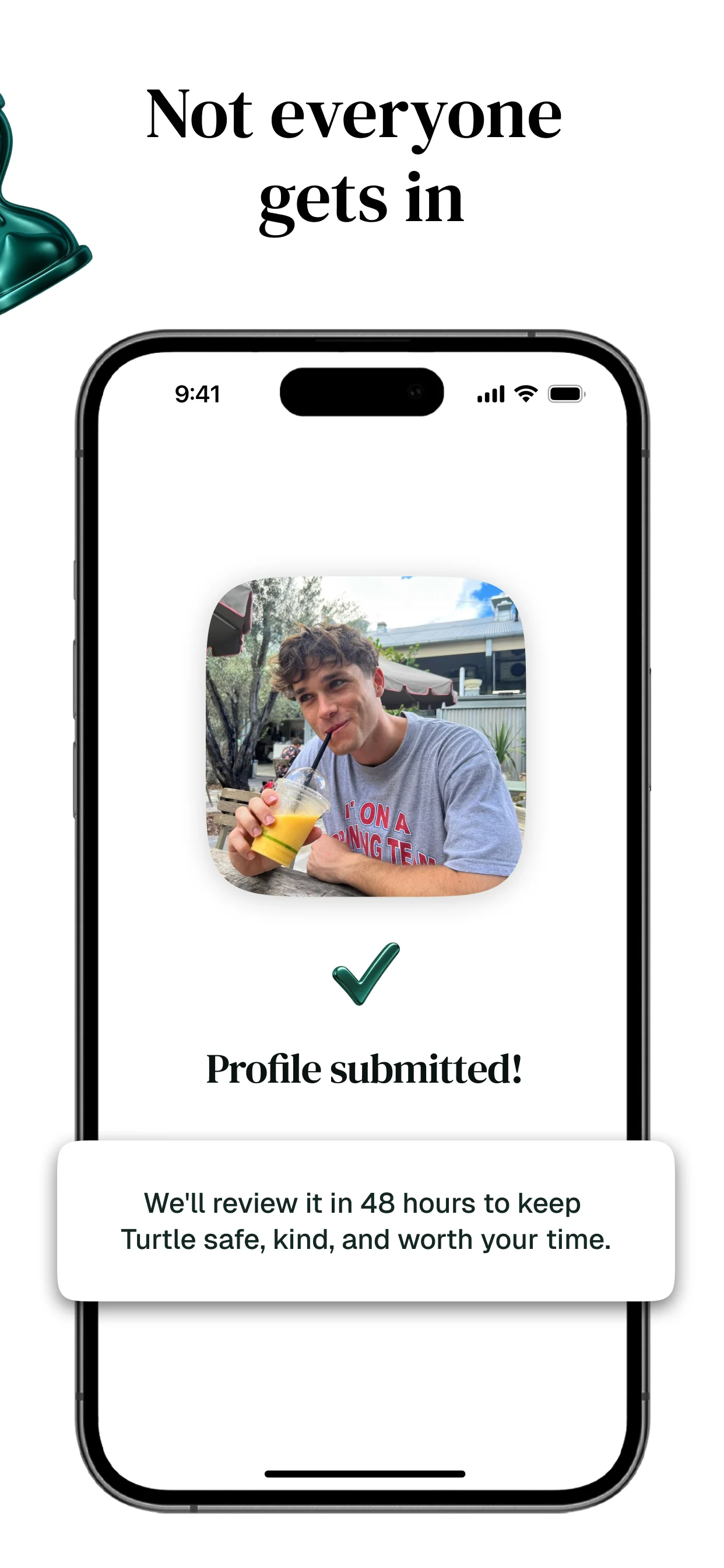 Turtle's manual profile review process ensuring a community of genuine, verified members